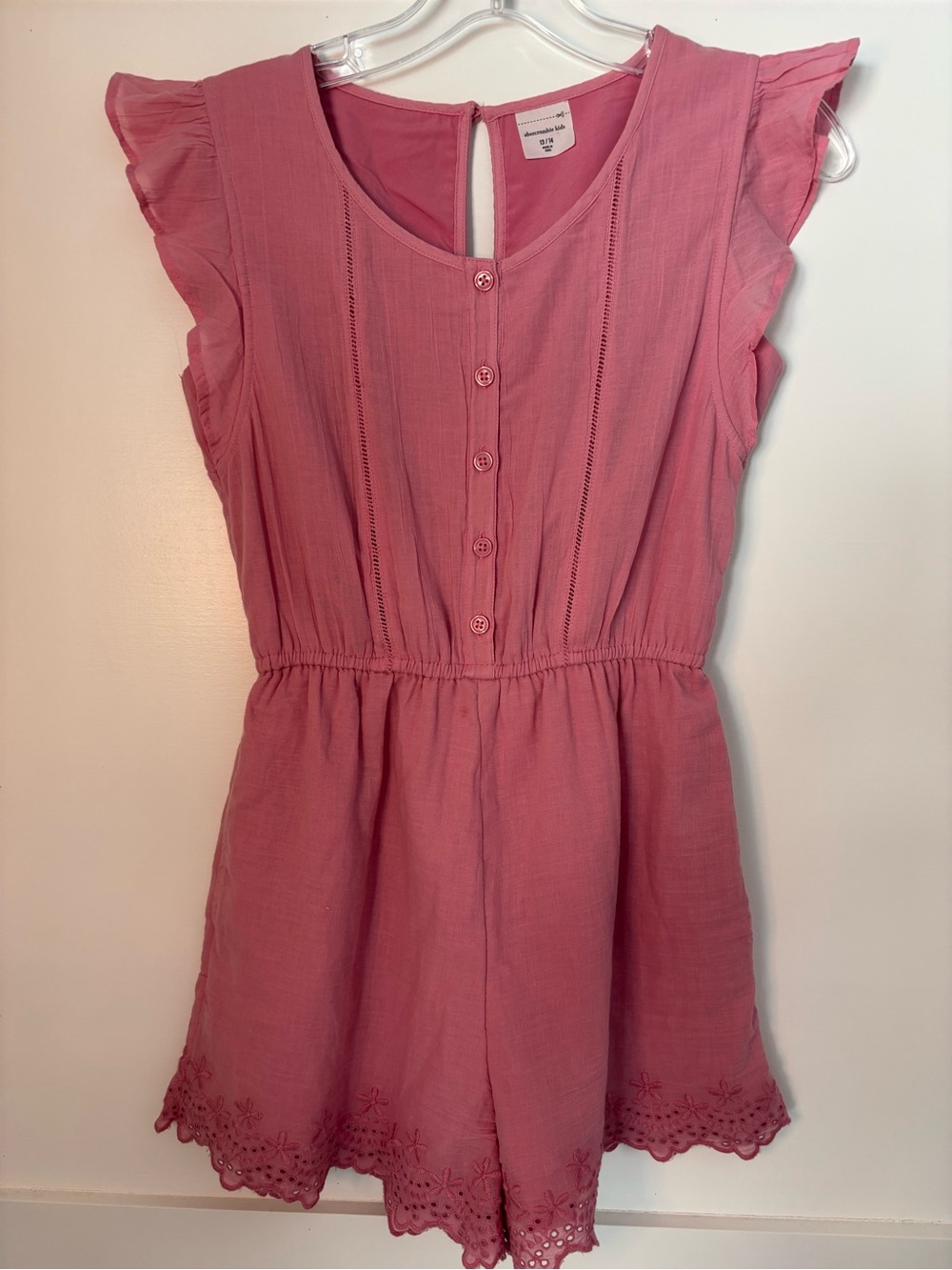 abercrombie kids Pink Eyelet-Hem Flutter Sleeve Romper size 13-14